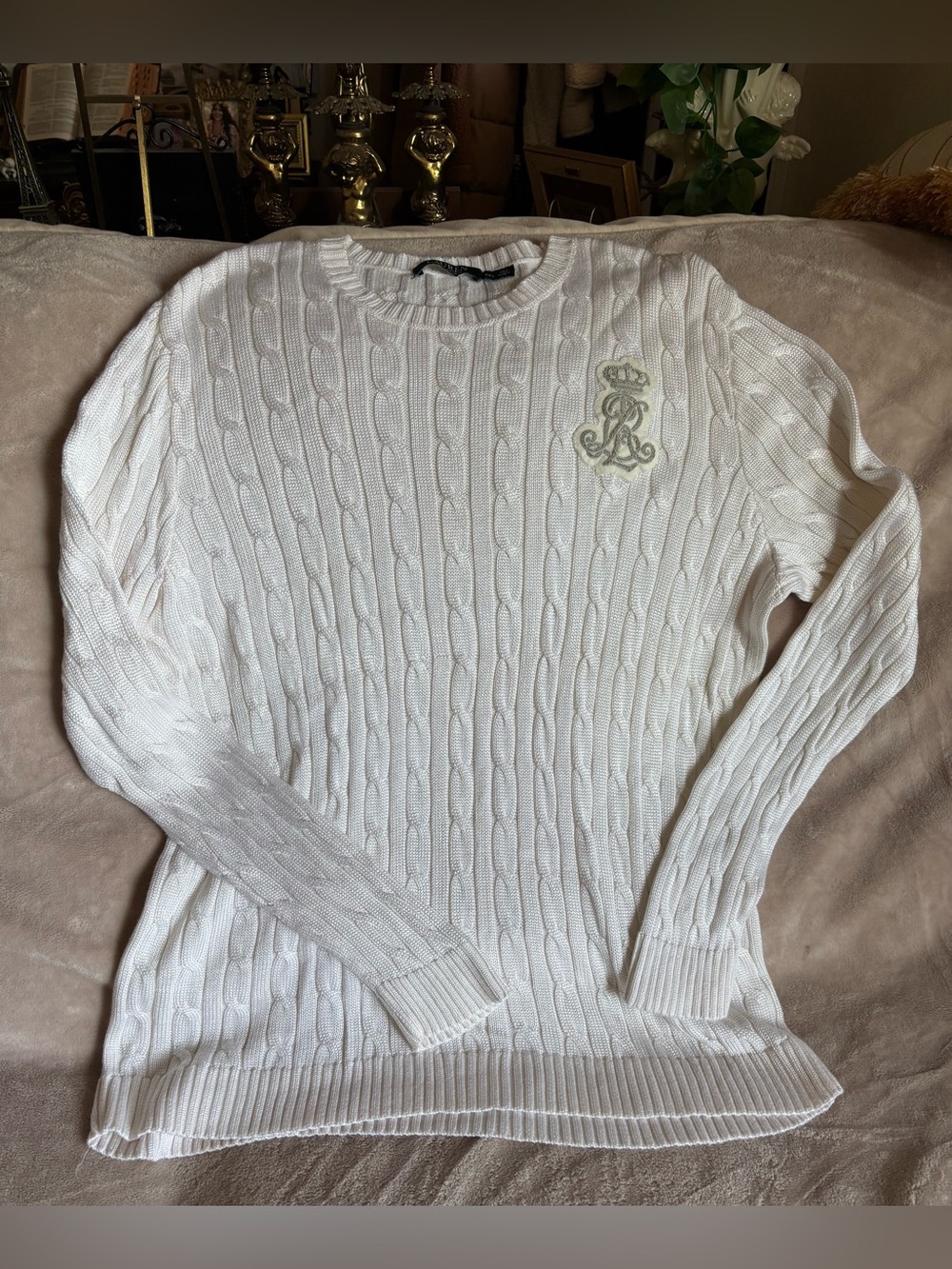 Vintage Lauren Ralph Lauren Cream Cable Knit Sweater Big Crest Preppy Womens XL